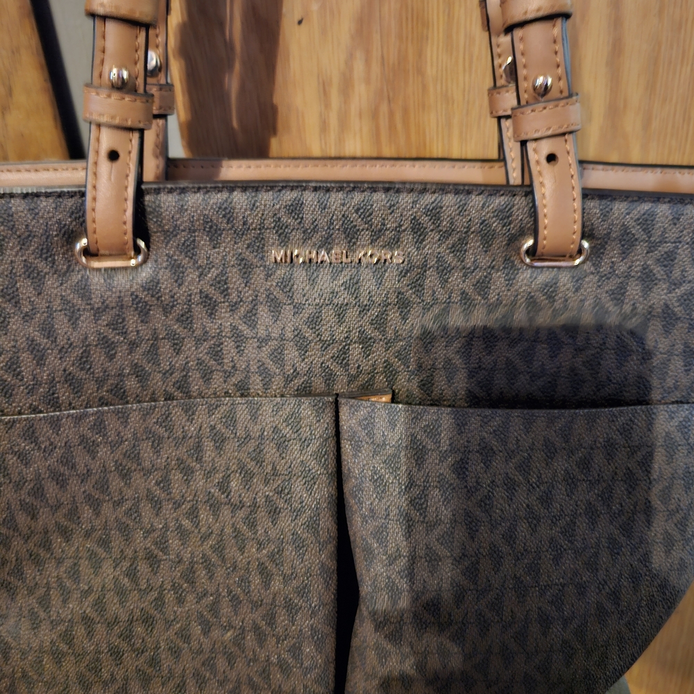 Michael Kors Brown Monogram Tote with Tan Leather Trim